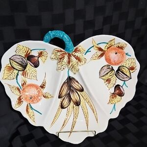 Leaf-Shaped Hand-Painted Italian Fruit/Nut Motif Ceramic Serving Tray
